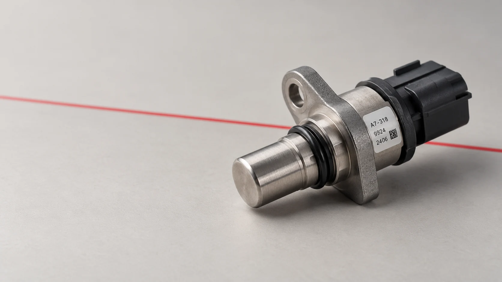 Car part number identification label on an illustrative automotive sensor